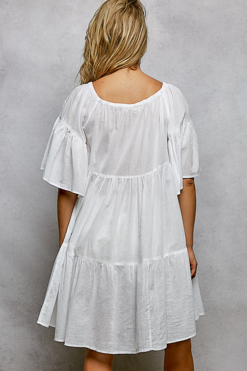 POL Ivory Tied Tassel Embroidery Half Flared Sleeve Mini Dress