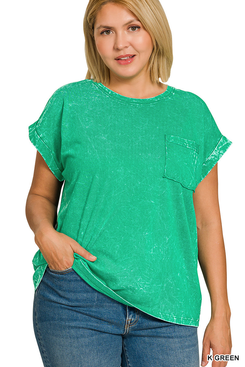 Zenana Kelly Green Crinkle Washed Round Neck Folded Short Sleeve Tee