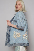 POL Distressed Short Sleeves Contrast Floral Patch Denim Shirt