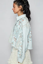 POL Pastel Blue Floral Long Sleeve Woven Blouse with Lace Panel Details