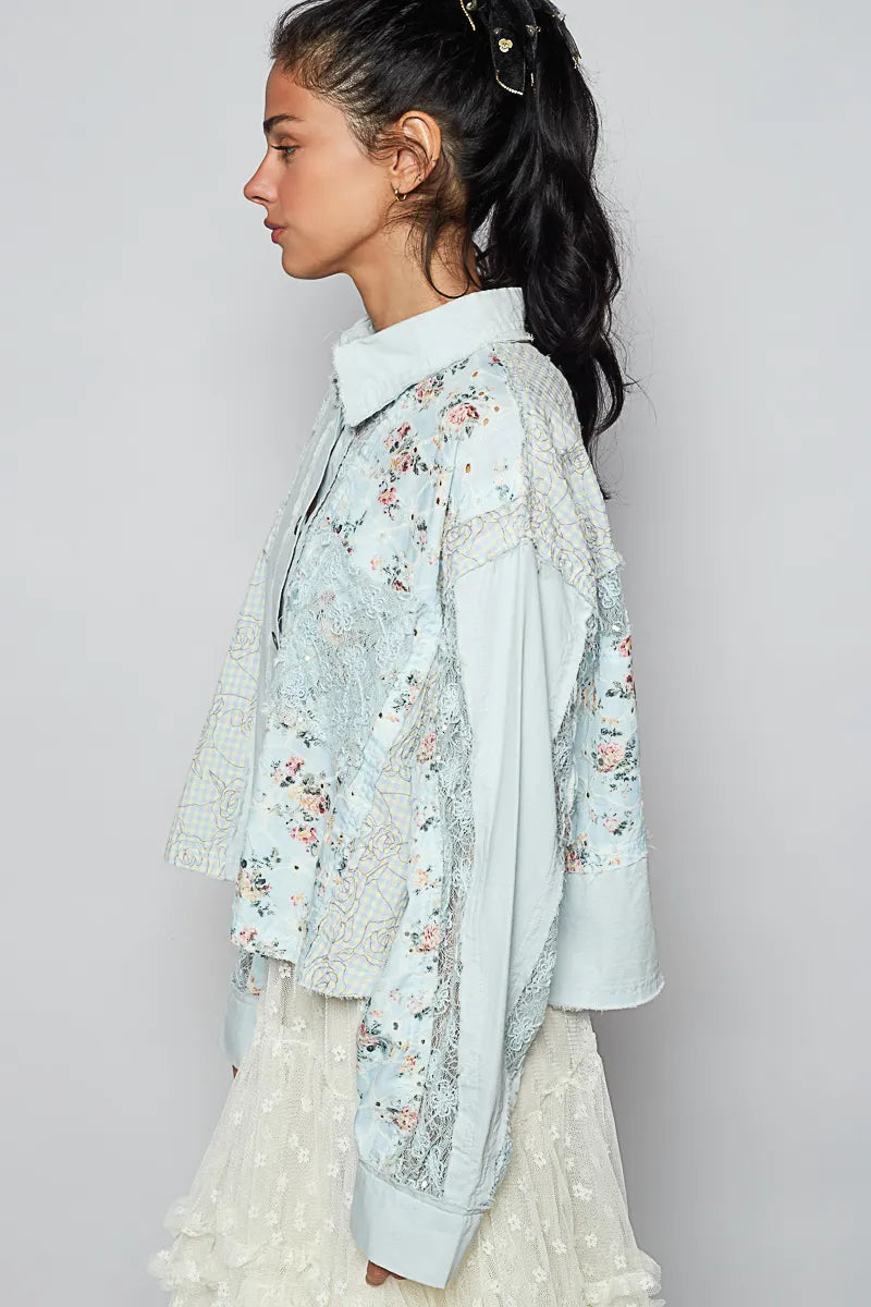 POL Pastel Blue Floral Long Sleeve Woven Blouse with Lace Panel Details