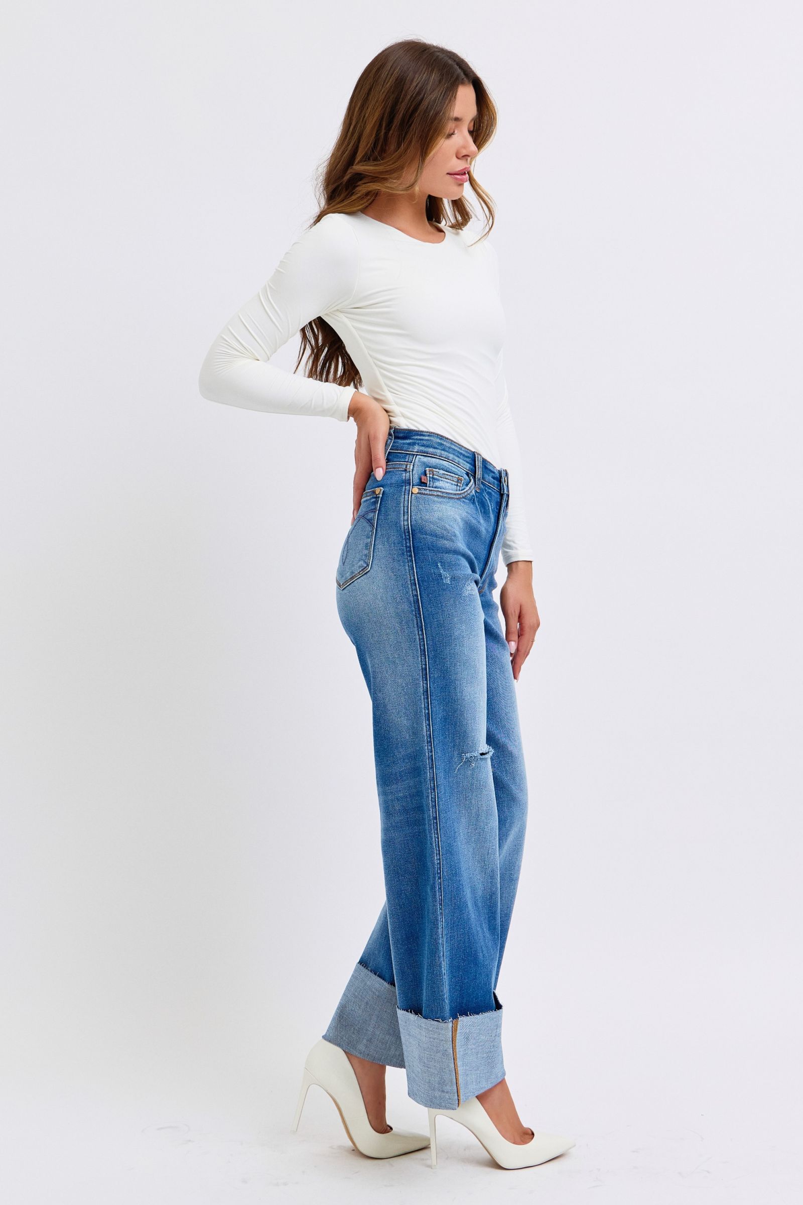 Judy Blue Retro High Waist Wide Leg With Cuff Jeans Jeans