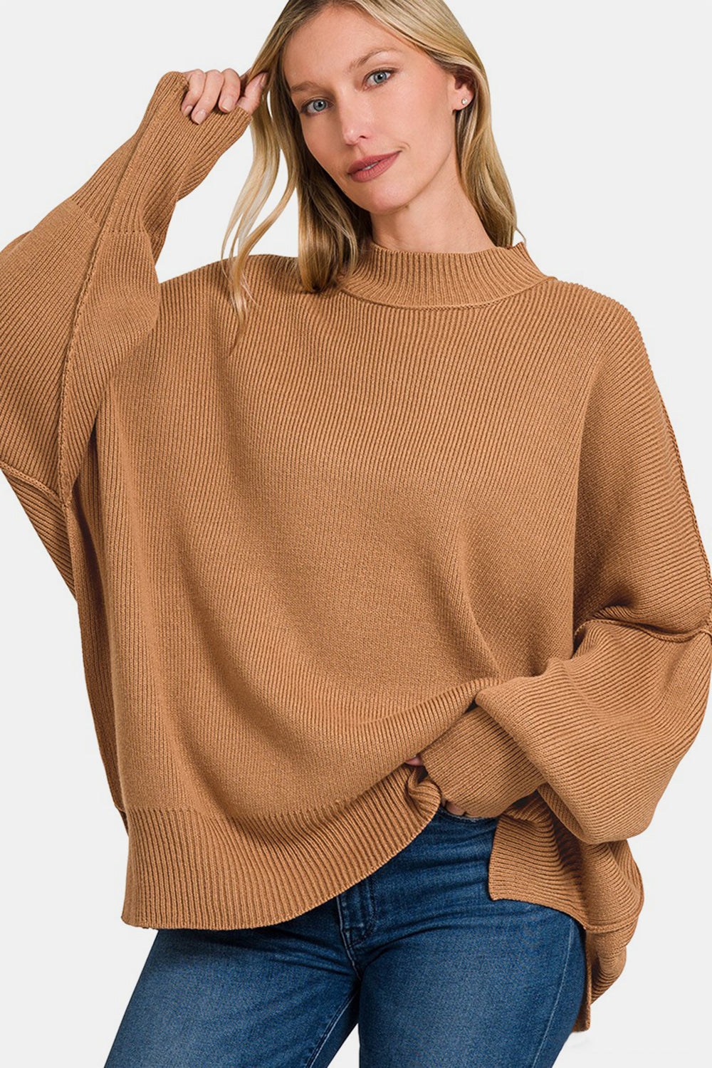 Zenana Deep Camel Side Sit Oversized Sweater Deep Camel Trendsi