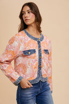 Annie Wear Coral Floral Jacquard Denim Contrast Button Down Jacket