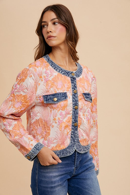 Annie Wear Coral Floral Jacquard Denim Contrast Button Down Jacket