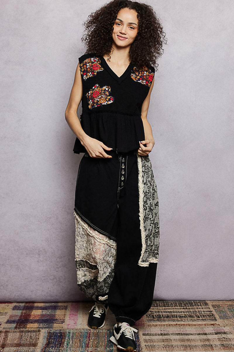 POL Black Floral Patch Ruffled Sleeveless Top with Raw Edge Detail