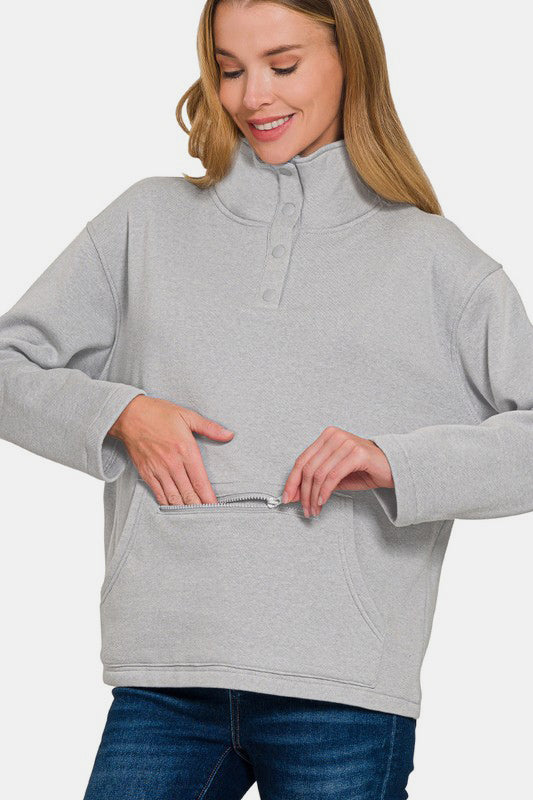 Zenana Gray Turtleneck Half Snap Fleece Sweatshirt Gray Shirts & Tops