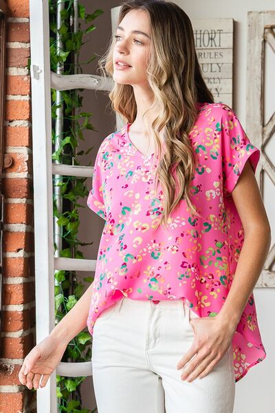 Heimish Pink Multi Color Animal print V-Neck Short Sleeve Blouse