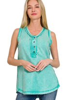 Zenana Turquoise Washed Half-Button Raw Edge Sleeveless Henley Top TURQUOISE