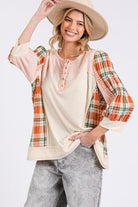 SAGE + FIG Pink Exposed Seam Button Detail Plaid Top PINK