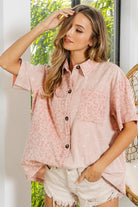 BiBi Dusty Pink Mineral Washed Leopard Print Short Sleeve Shirt
