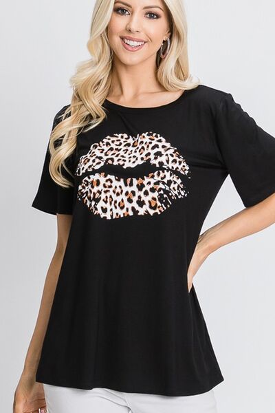 Heimish Black Leopard Lip Round Neck Short Sleeve T-Shirt