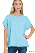 Zenana Sky Blue Cuffed Front Pocket Short Sleeve Tee SKY BLUE