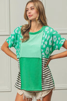 BiBi Mint Combo Leopard and Stripe Color Block Top With Exposed Seam MINT COMBO
