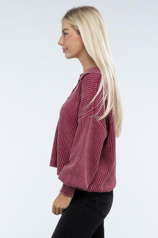 Zenana Washed Collared Henley Sweater in 6 Colors! ZENANA