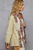 POL Oversized Studded Contrast Lace & Plaid Long Sleeve Shirt