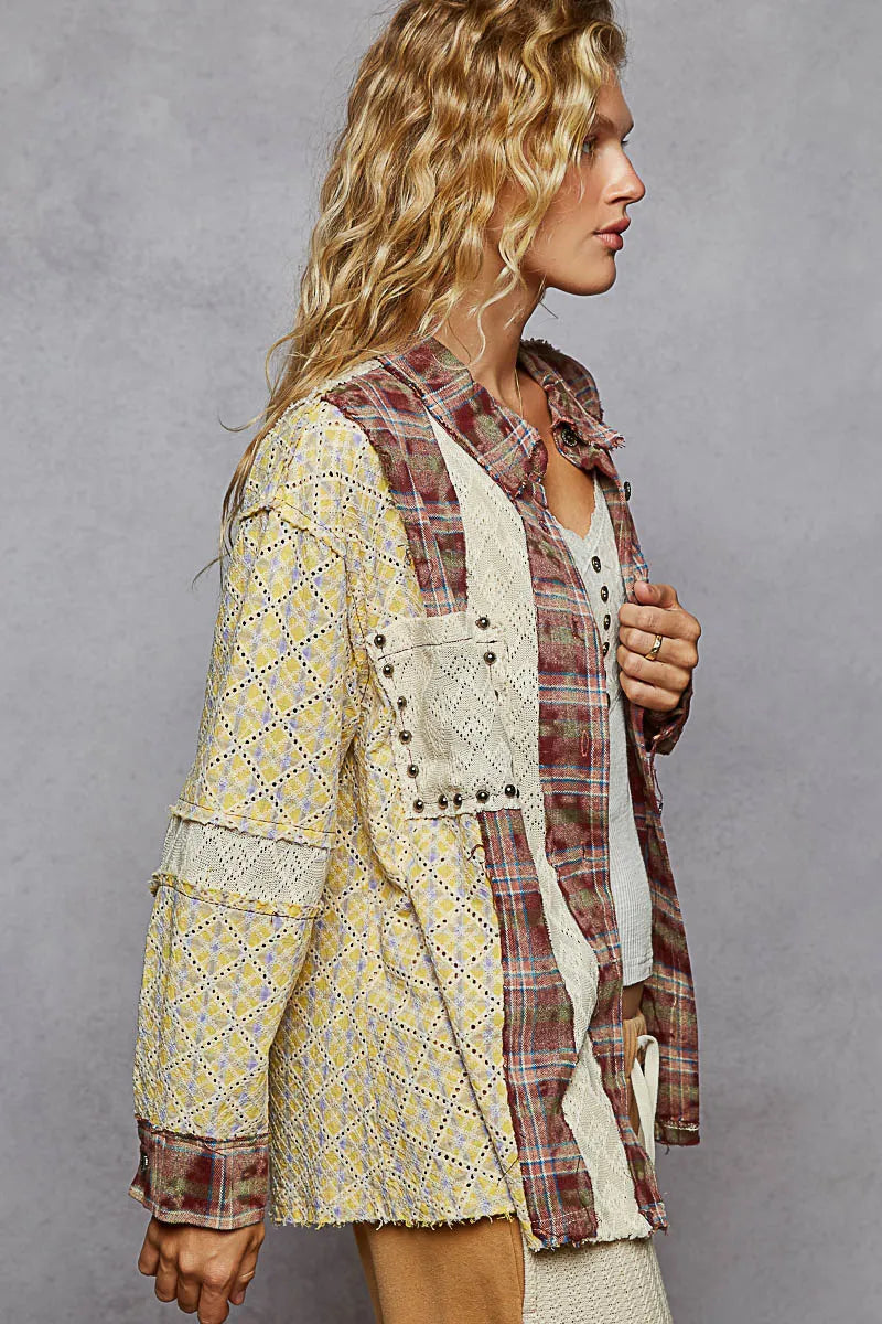 POL Oversized Studded Contrast Lace & Plaid Long Sleeve Shirt