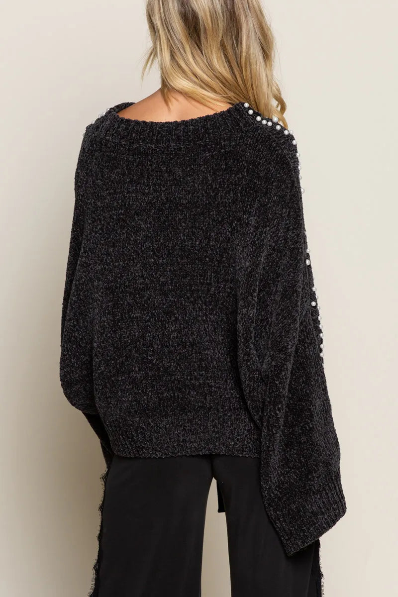 POL Black Oversized Pearl Embellished Sweater
