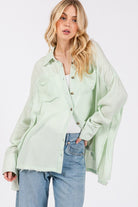 SAGE + FIG Cardiff Mint Oversized Frayed Hem Side Slit Button Down Shirt