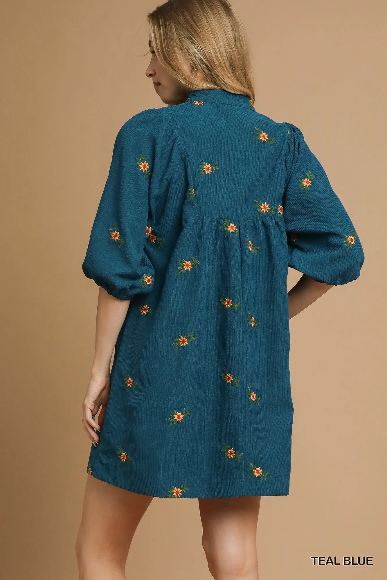 Umgee Teal Blue Corduroy Babydoll Dress with Floral Embroidery