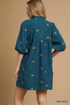 Umgee Teal Blue Corduroy Babydoll Dress with Floral Embroidery