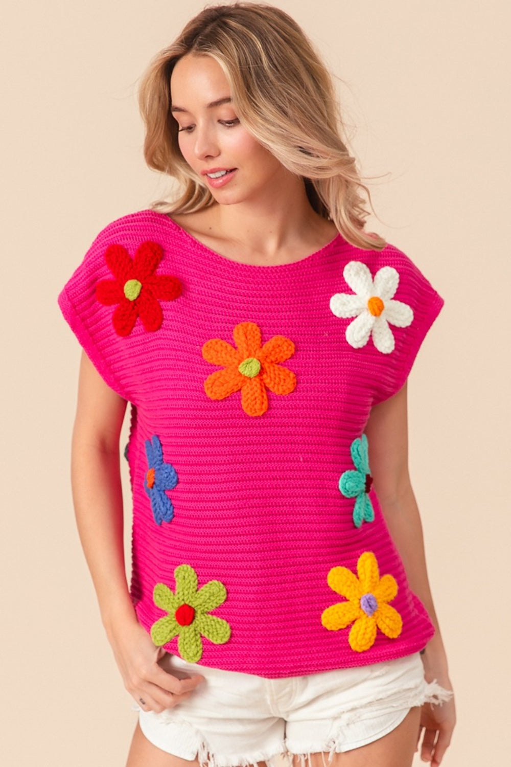 BiBi Fuchsia Flower Round Neck Cap Sleeve Knit Top Trendsi