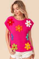 BiBi Fuchsia Flower Round Neck Cap Sleeve Knit Top Trendsi