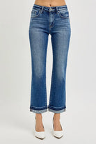 RISEN Dark Washed Mid Rise Ankle Straight Cuffed Jeans DARK