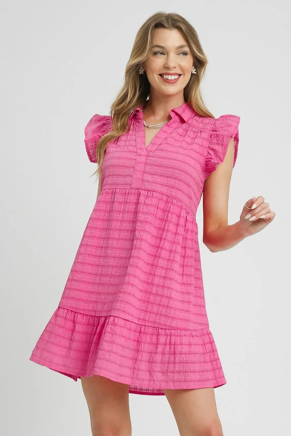 Umgee Pink Textured Flutter Sleeve Mini Dress