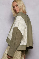 POL Olive Mix Thermal Floral Pattern Quilted Knit Cropped Top with Raw Edge Detail