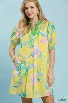 Umgee Botanical Print Dress with Smocked Cuffs LEMON