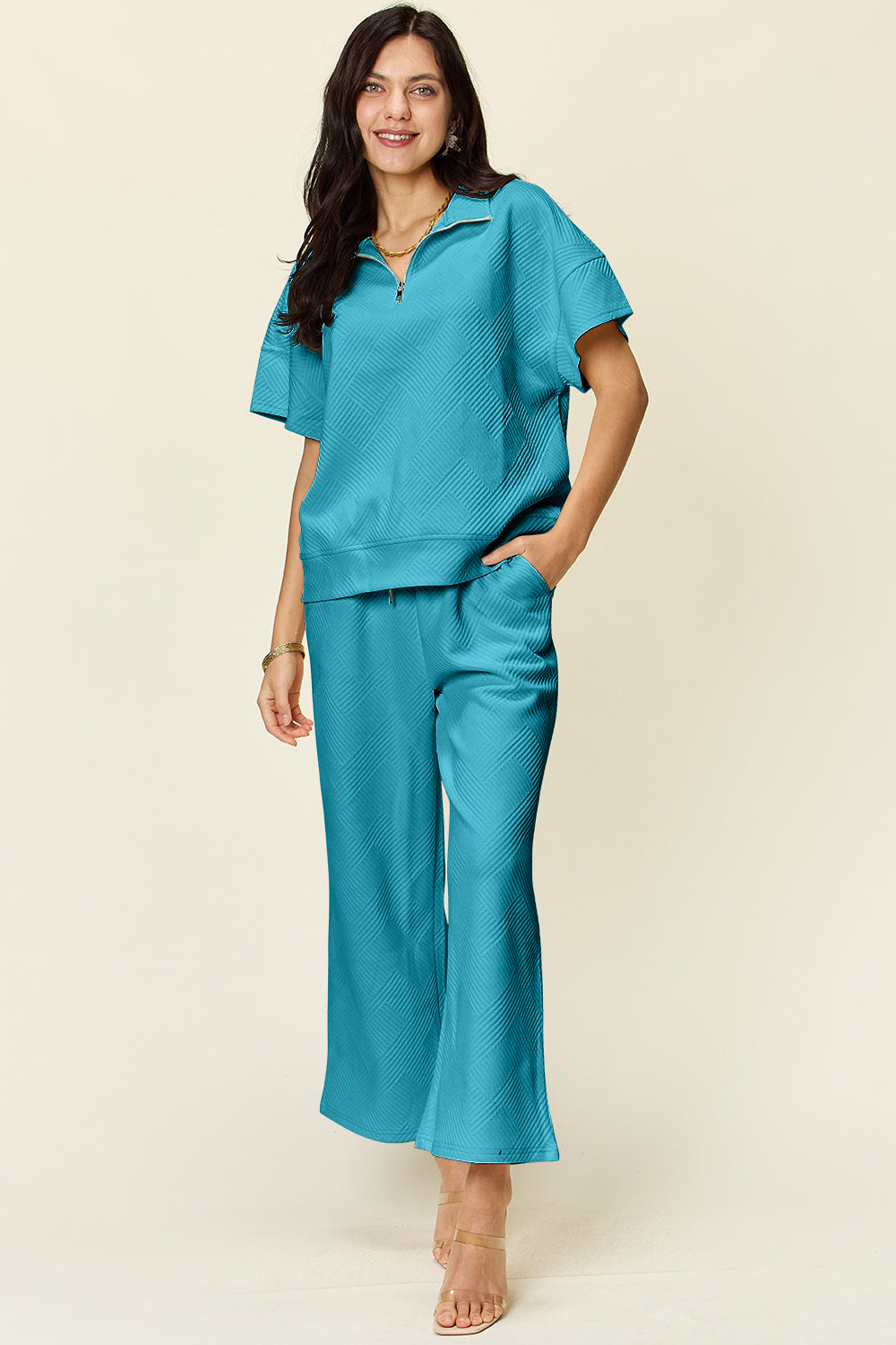 Double Take Quilted Textured Half Zip Short Sleeve Top and Pants Set Light Blue Trendsi