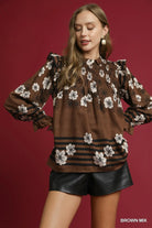Umgee Brown Mix Floral Smocked Ruffle Blouse BROWN MIX