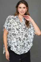 Umgee Two Tone Floral Print Top Plus Size Black