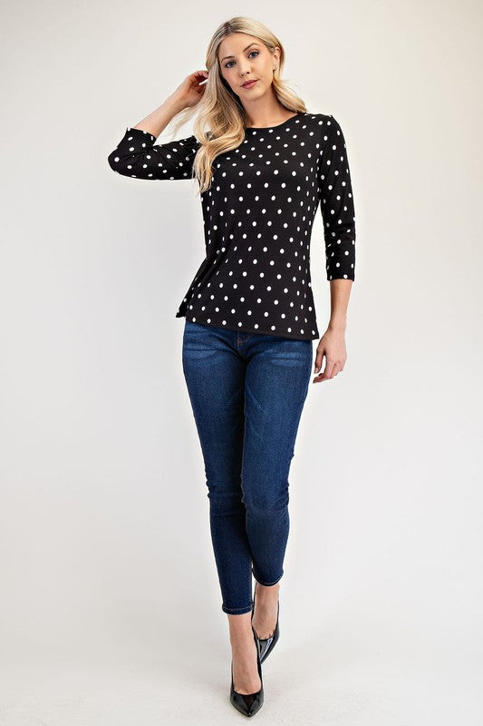 Celeste Black Polka Dot Ribbed Round Neck Three-Quarter Sleeve Top Shirts & Tops