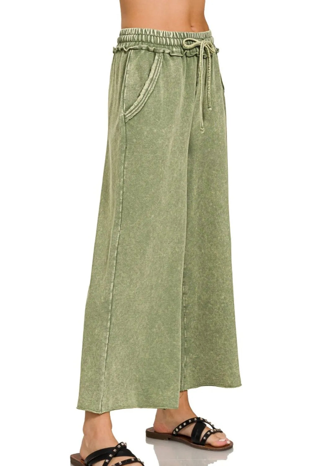 Zenana Light Olive Washed French Terry Palazzo With Pockets