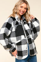 Haptics Black & Ivory Plaid Sherpa Button Down Jacket Haptics