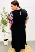 Haptics Black Floral Sequin Puff Sleeve Mock Neck Tiered Maxi Dress Haptics