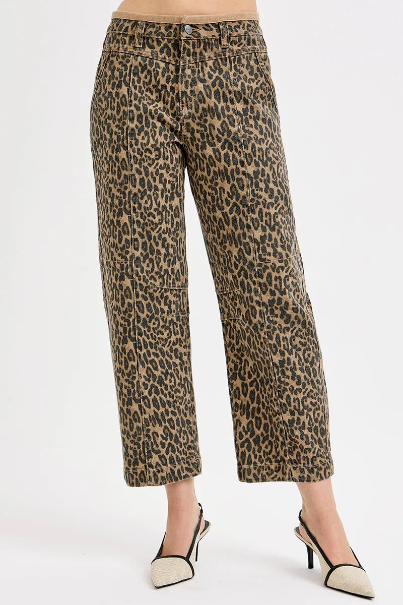 RISEN Leopard Mid Rise Crop Relaxed Jeans