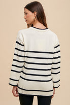 Annie Wear Ribbed Side Slit Striped Round Neck Sweater