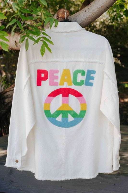 Davi & Dani Multi Color Letter Peace Button Up Fringe Hem Shirt Black Friday