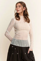 Davi & Dani White Turtle Neck Lace Dotted Stretch Mesh Sheer Top