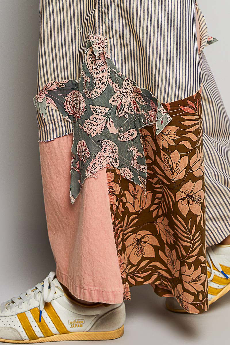POL Peach Multi Striped Floral Patchwork Wide leg Pants with Side Big Star Patch