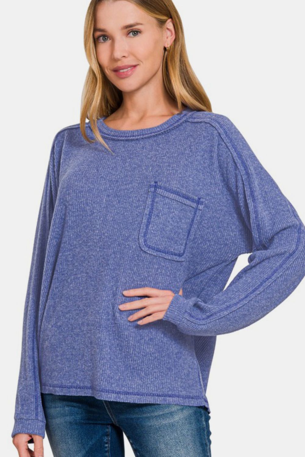 Zenana Blue Contrast Stitching Brushed Ribbed Hacci Knit Top Blue Purple Shirts & Tops