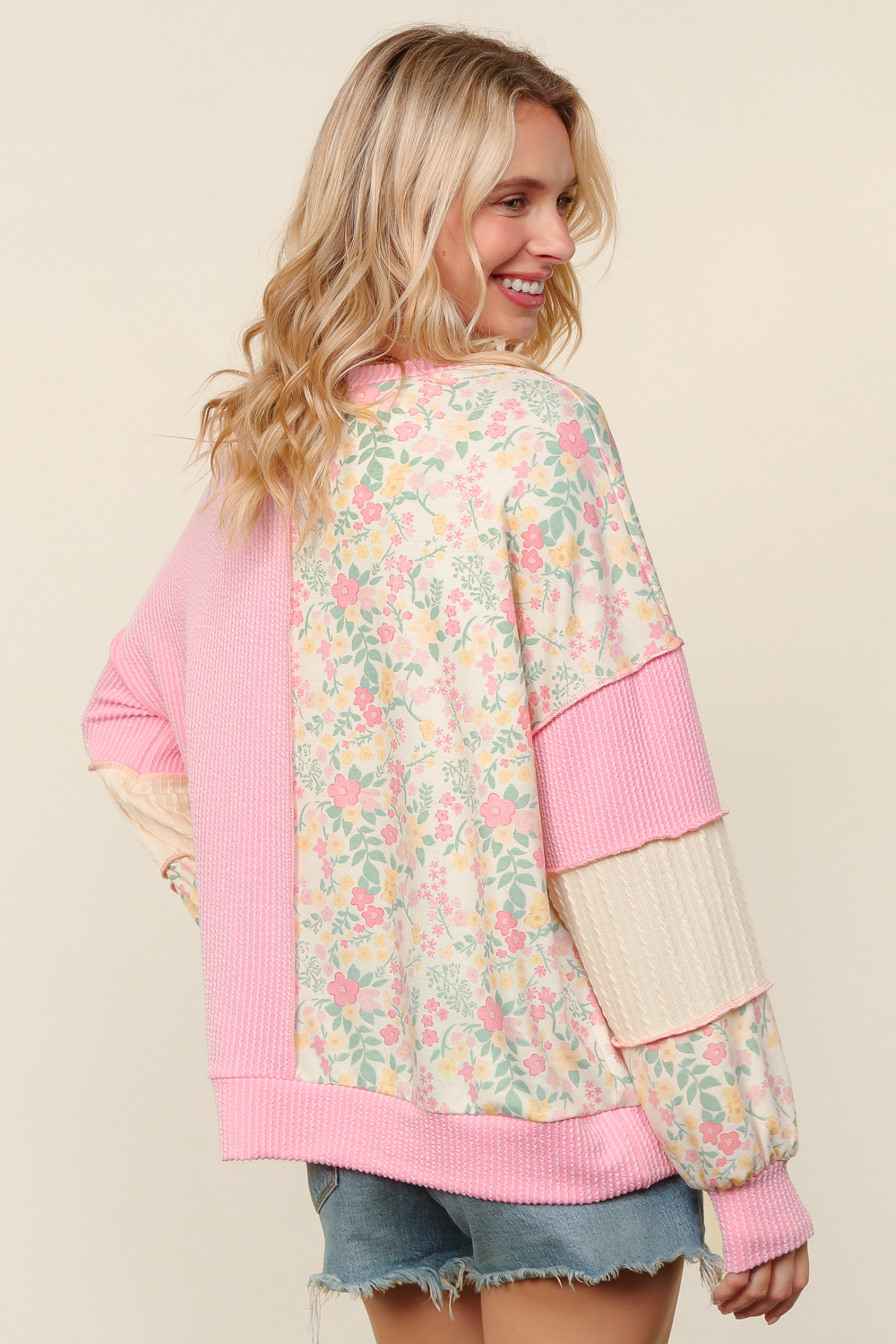 Haptics Pink Round Neck Bubble Long Sleeve Rib Cable Knit Floral Print French Terry Color Block Patchwork Pullover Knit Top