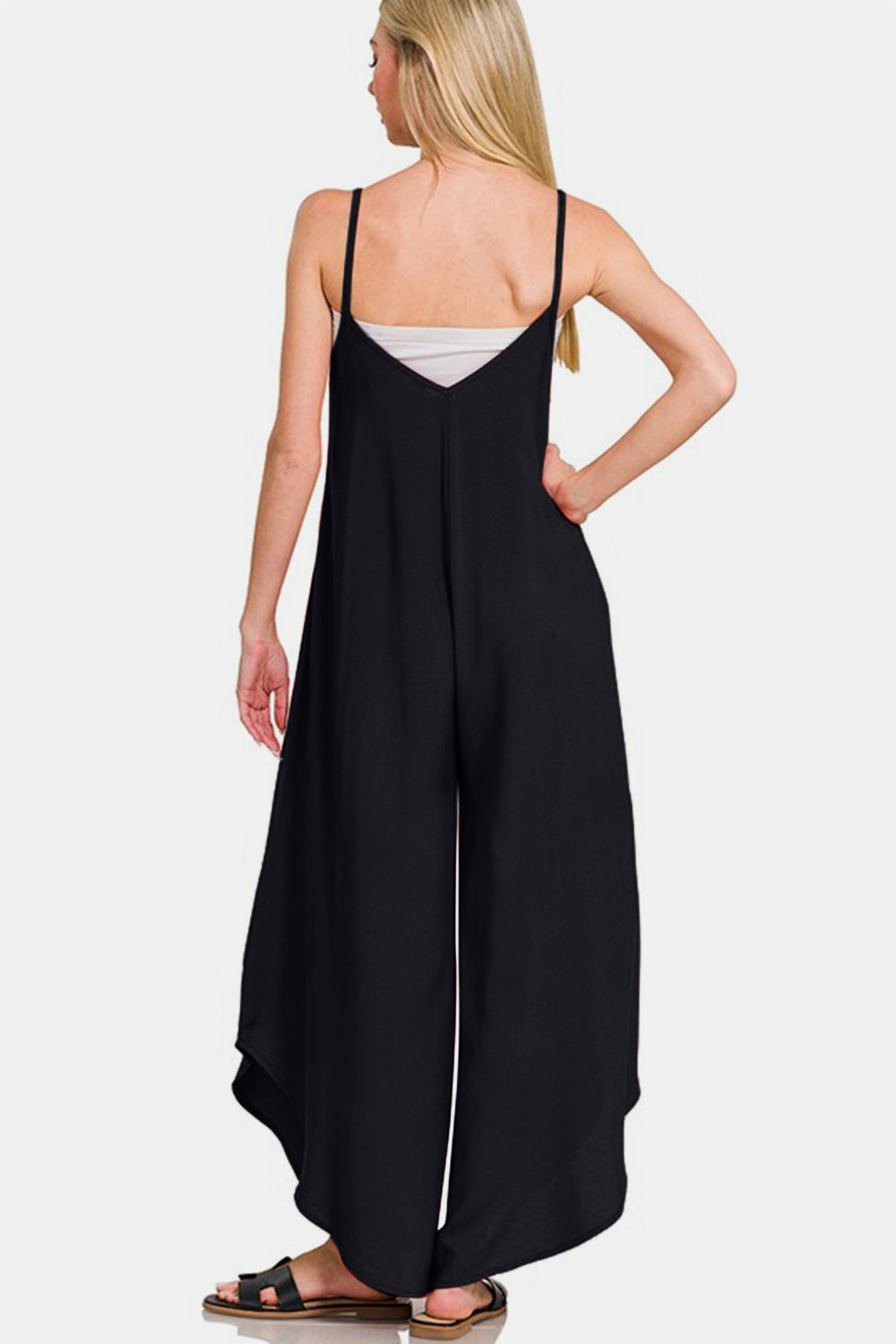 Zenana Black Spaghetti Strap Wide Leg Challis Jumper with Pockets Jumpsuits & Rompers