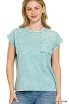 Zenana Dusty Teal Crinkle Washed Round Neck Folded Short Sleeve Tee DUSTY TEAL
