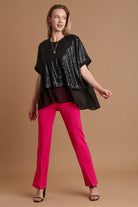 Umgee Black Sequin Half Sleeve Layered Blouse Shirts & Tops