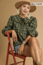 Umgee Green Plaid Ruffle Collar Blouse