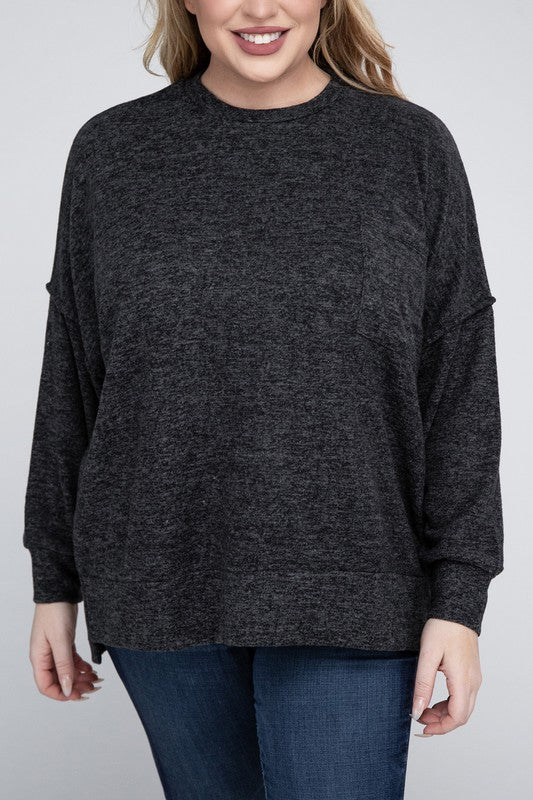 Zenana Plus Size Brushed Melange Drop Shoulder Sweater BLACK ZENANA